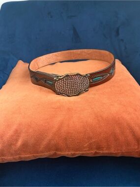 VTG Brown Leather Belt with Decorative Antiqued Buckle and Turquoise Accents